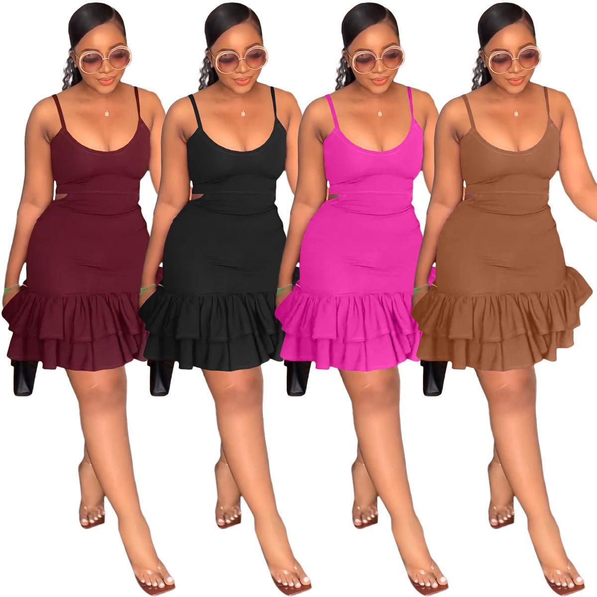 Strappy Low-Cut Ruffled Sheath Dress