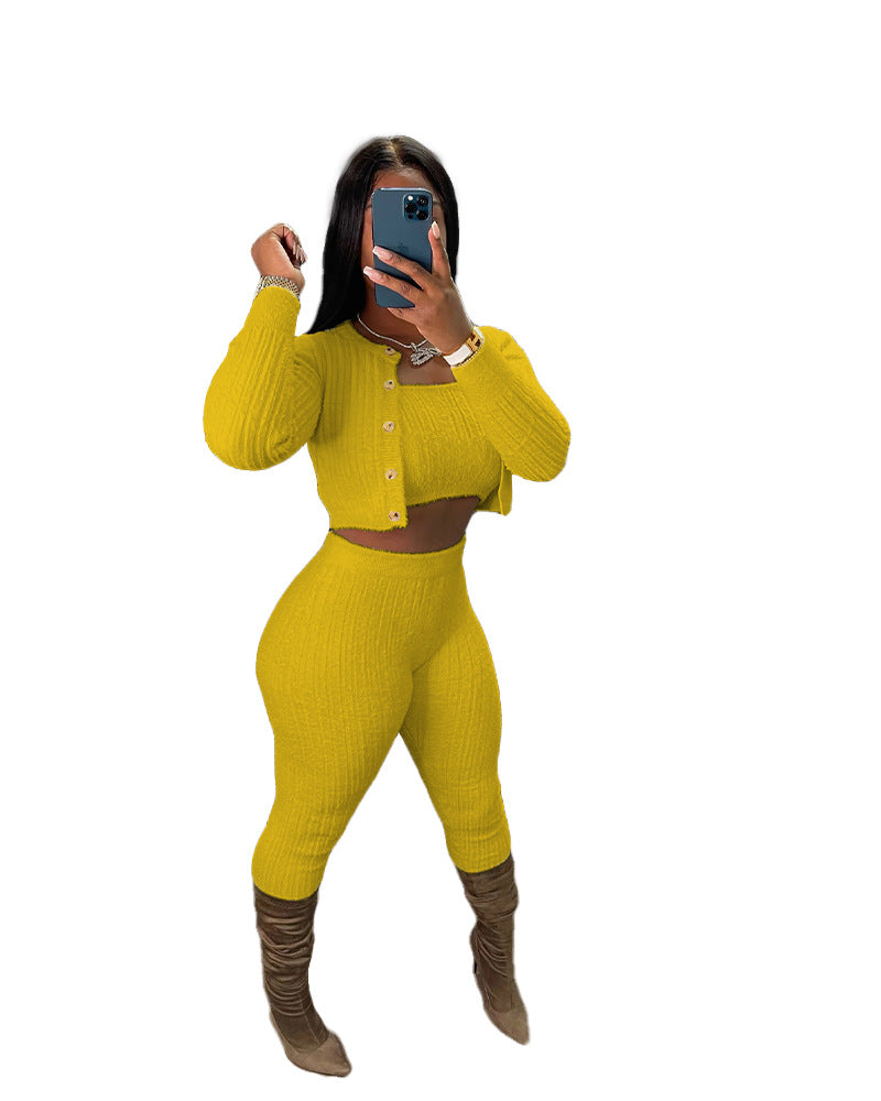 Solid Color Knitted Sweater Sexy Slim-Fit Cardigan 3PC Set