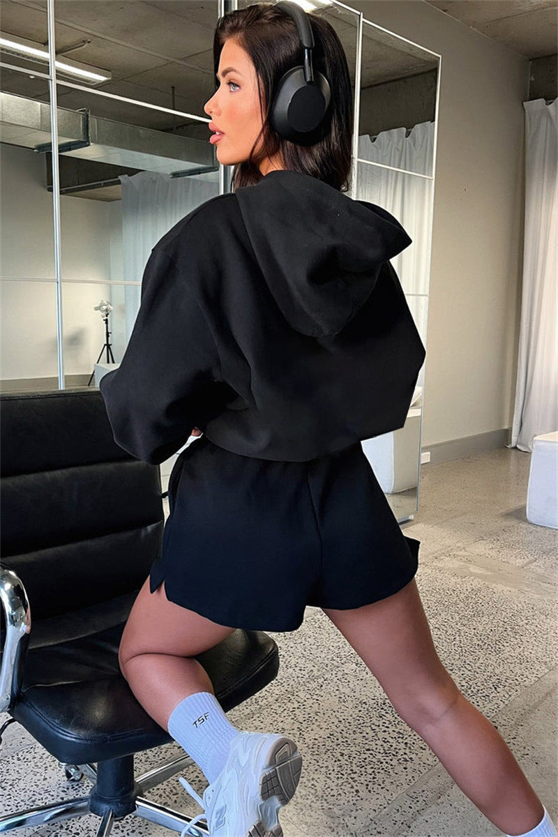 Solid Color Long Sleeved Shorts Hoodie Two-piece Set