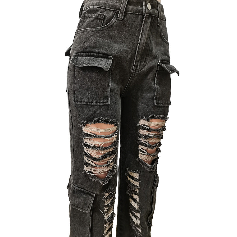 Perforated Burnt Flower Work Bag Micro Horn Denim Pants