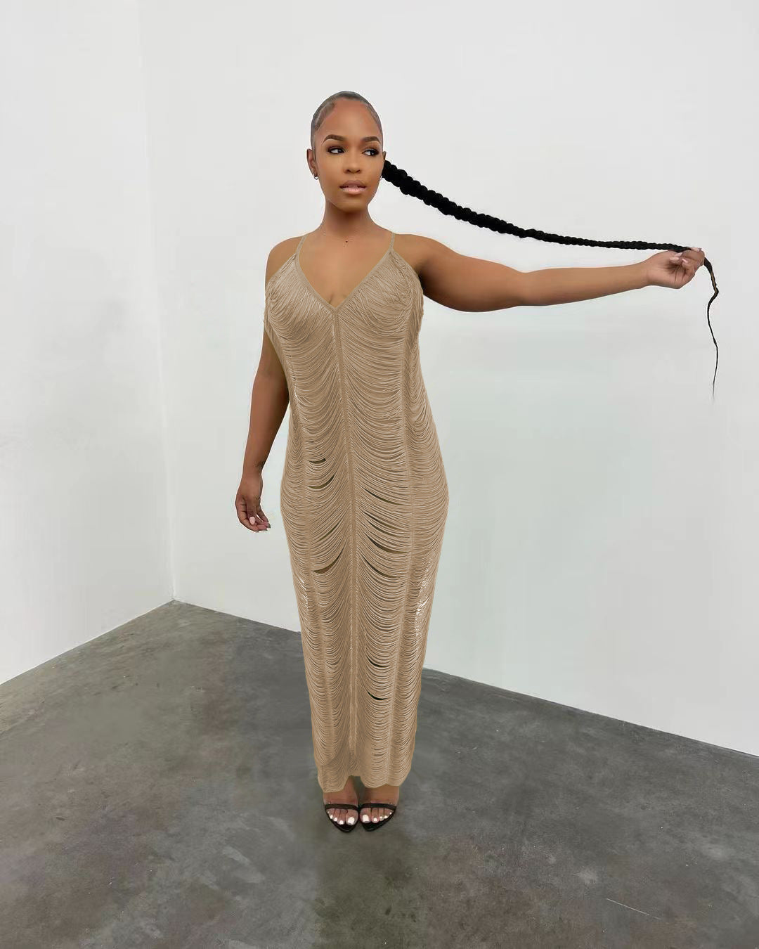 Strap Style Knitted Sleeveless Hollow Out V-neck Dress