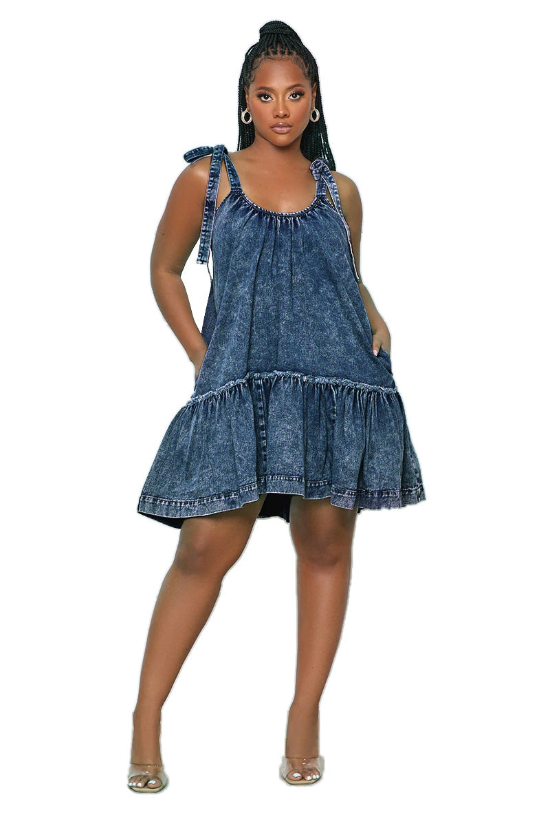 Solid Color U-Neck Denim Suspender Dress