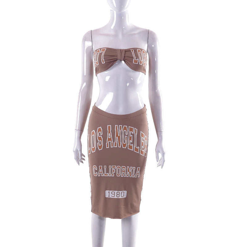Bra Top Letter Offset Printed Elastic Waist Skirt 2PC Set