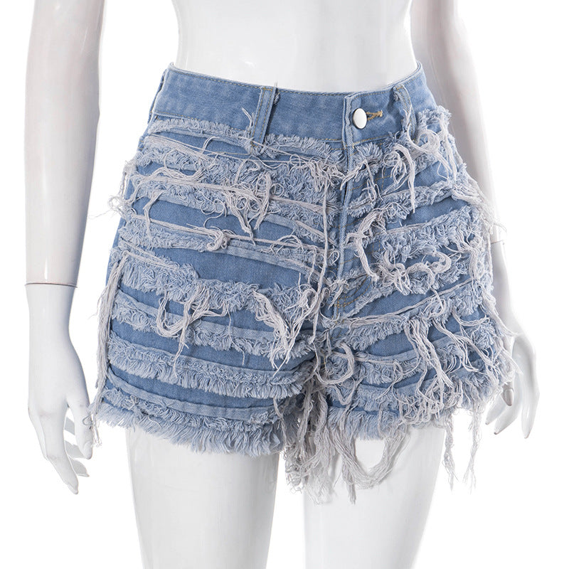 Fringe Tight Pocket Non-Elastic Denim Shorts