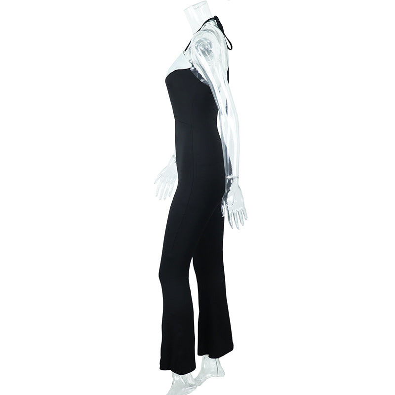 Patchwork Low-cut Halterneck Sleeveless High-rise Jumpsuit