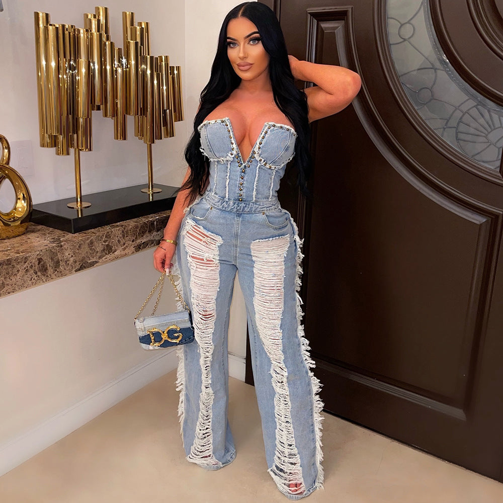 Tassel Hole Rhinestone Washing Water Denim Jumpsuit Female