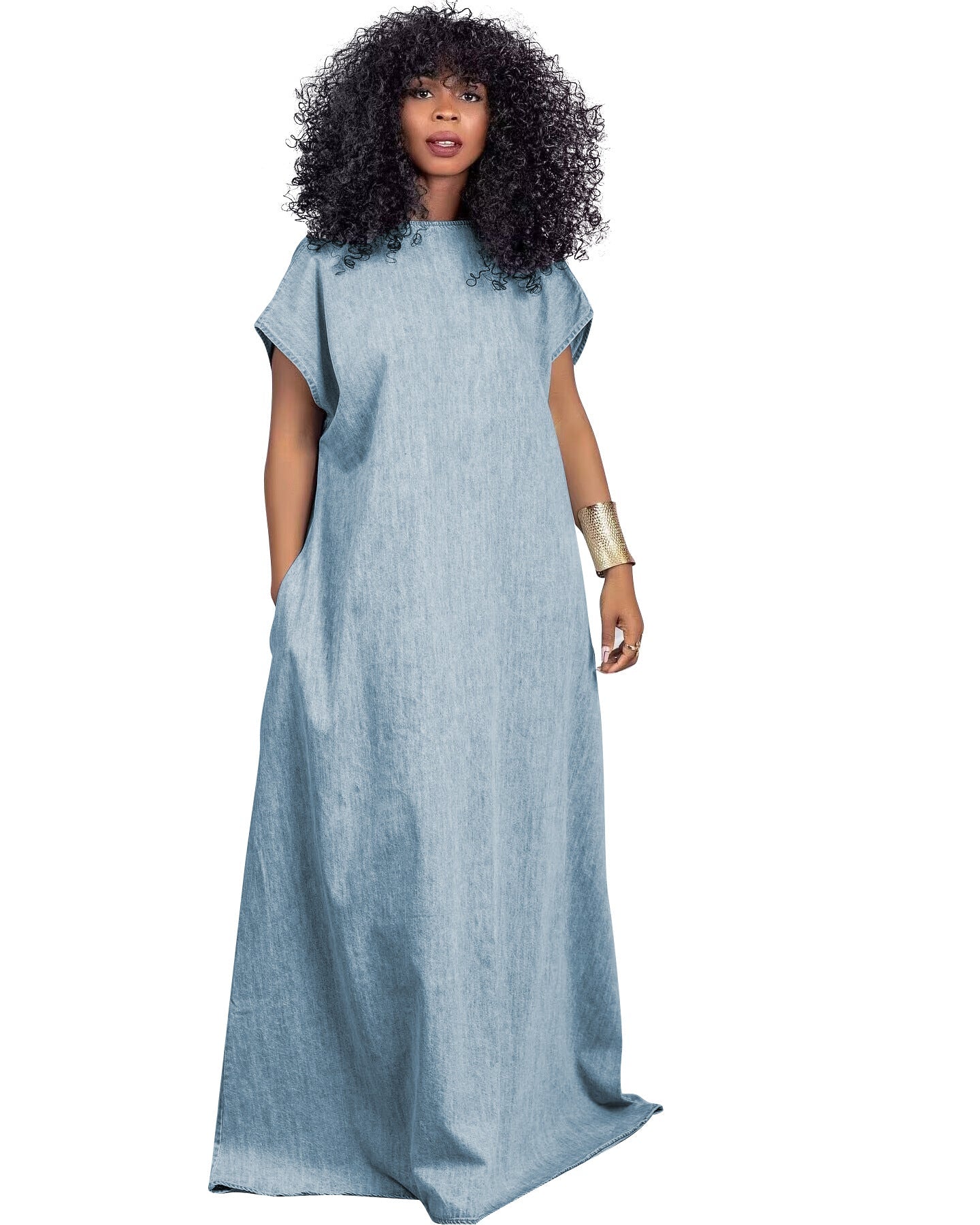 Denim Loose Deep V Open Back Dress