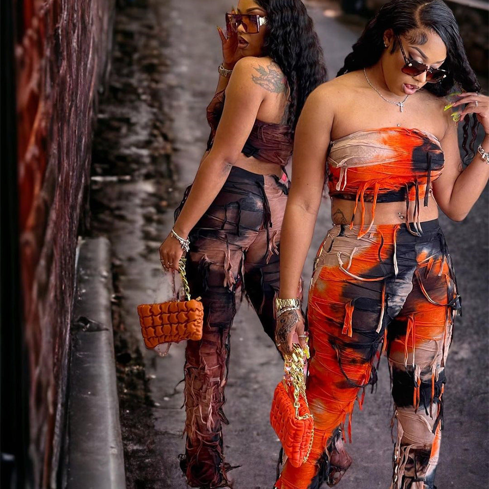 Navel Backless Tie-Dye Ghillie Suit 2pc set