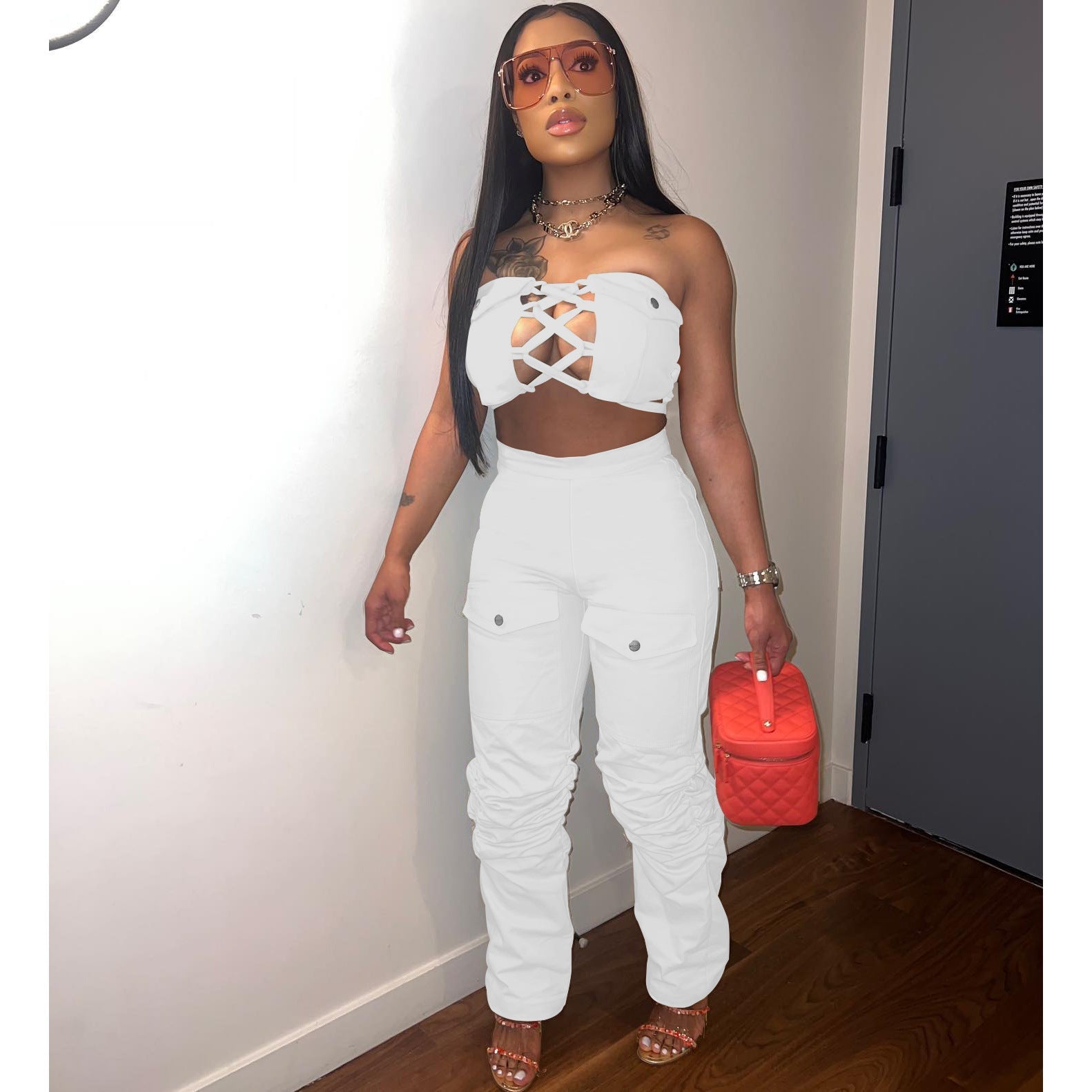 Sleeveless Lace-up Chest Wrap Vest Pants 2PC Set