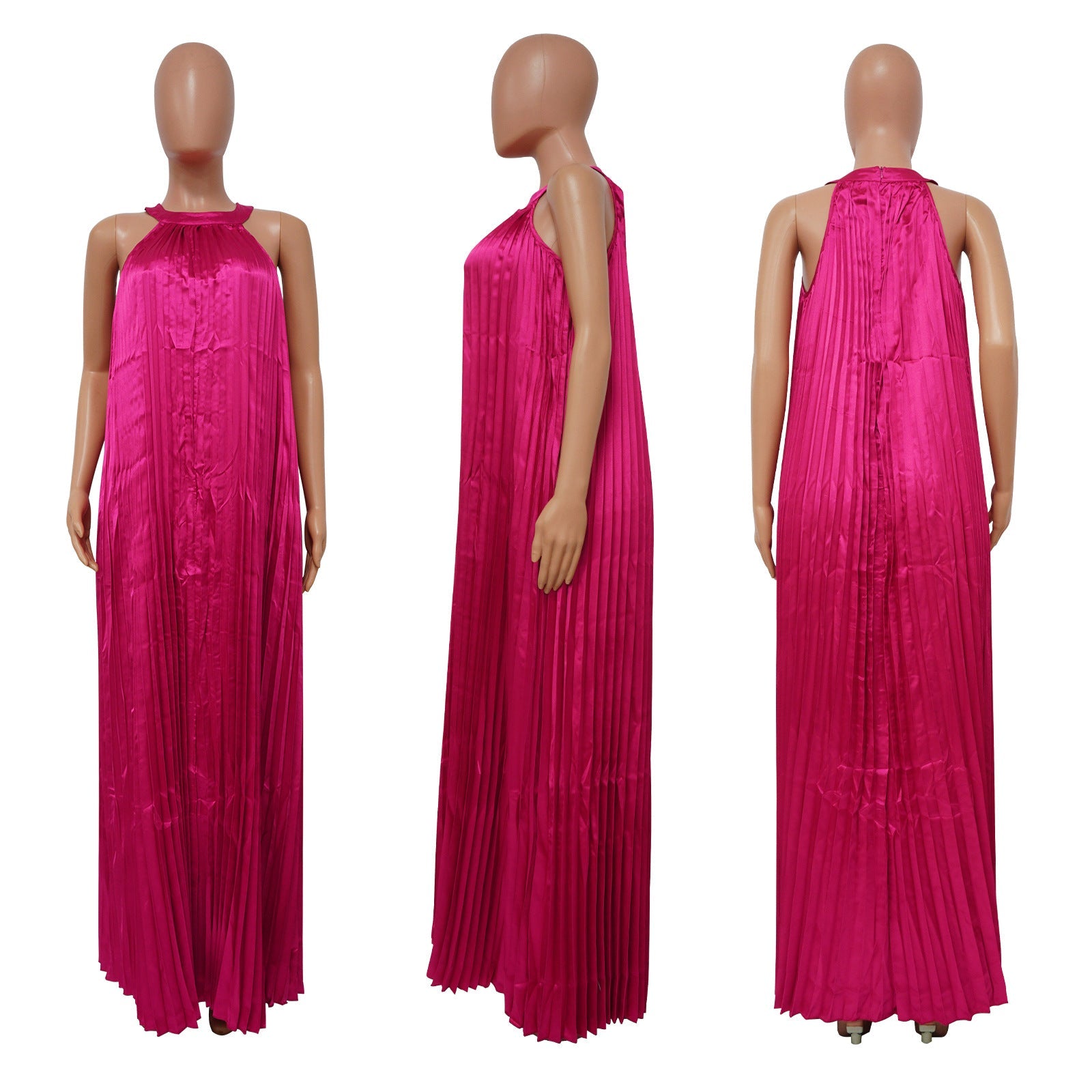 Sleeveless Off Shoulder Simulated Silk Pleated Large Swing Dress