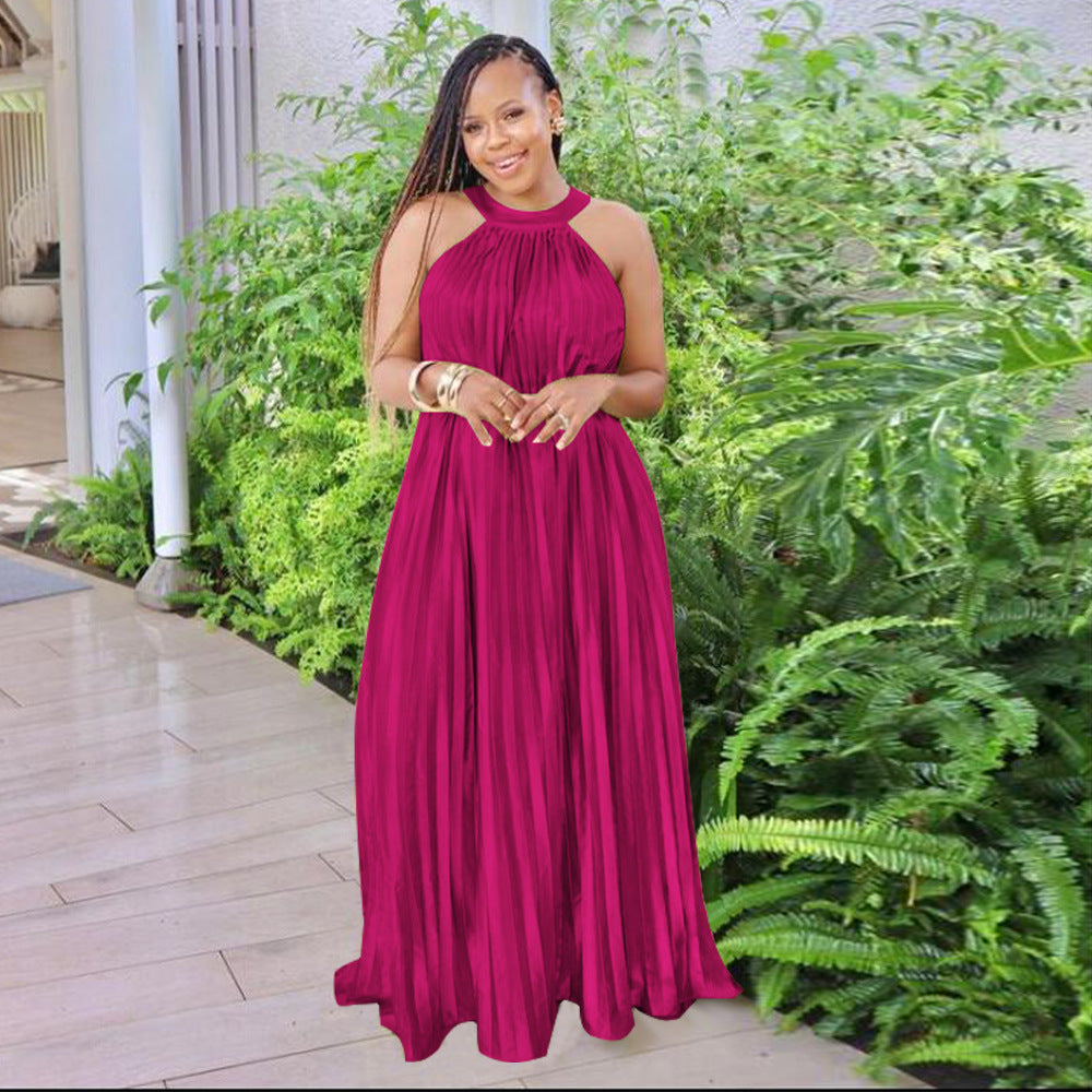 Sleeveless Off Shoulder Simulated Silk Pleated Large Swing Dress