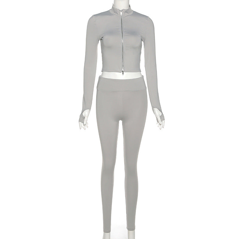 Stand Collar Zippered Long Sleeve Top High Waist Tight Trousers Set