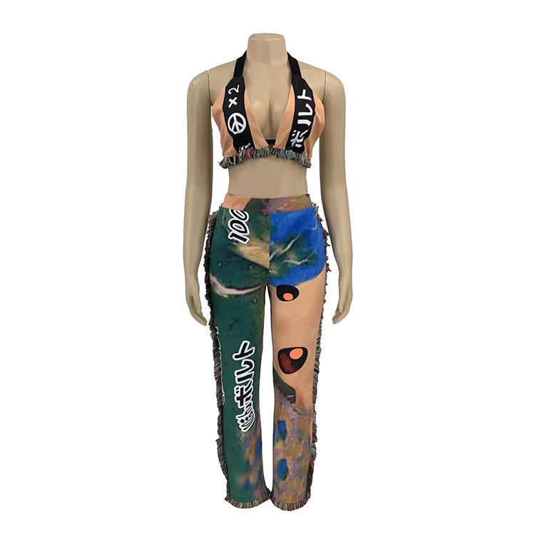 Printed Shoulder-Wrapped Chest Backless Tassel 2PC Set