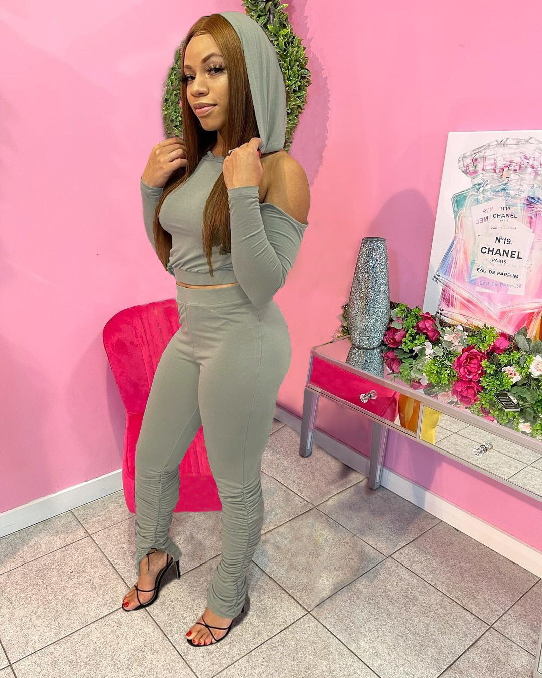 Sexy Lace-up Split Pleated Pants Hooded 2PC SET