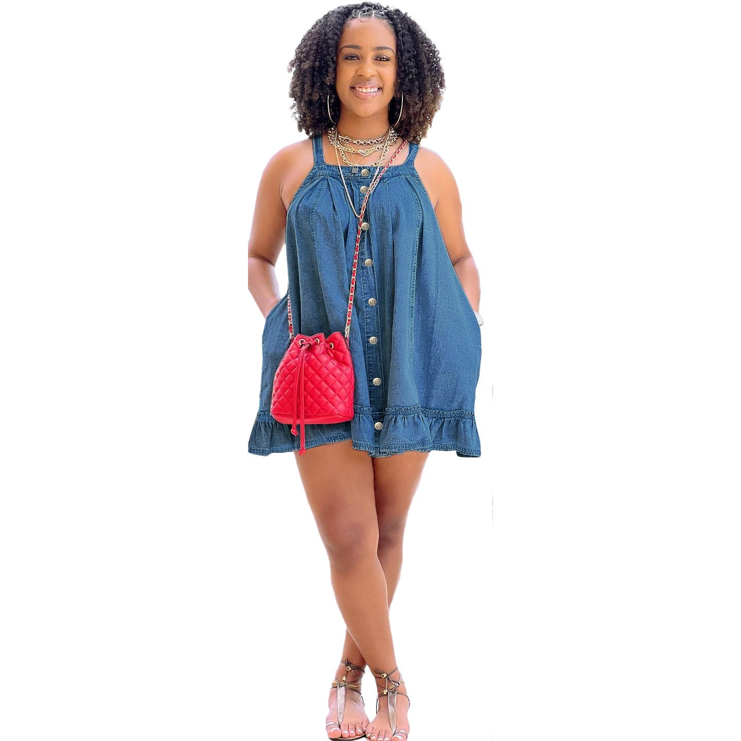 Button Pocket Loose Denim Dress