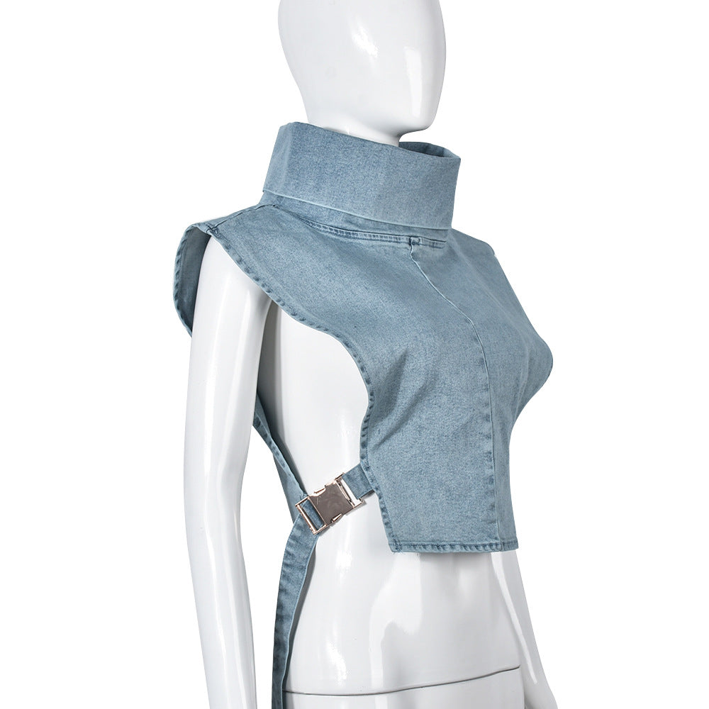 Lace-up Turtleneck Washed Sleeveless Denim Short Vest