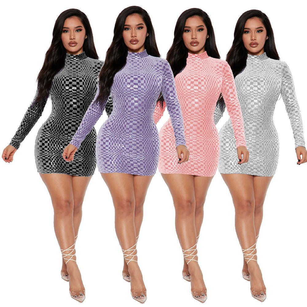 Long Sleeve Sheath Dress Sequined round Neck Slim Dress