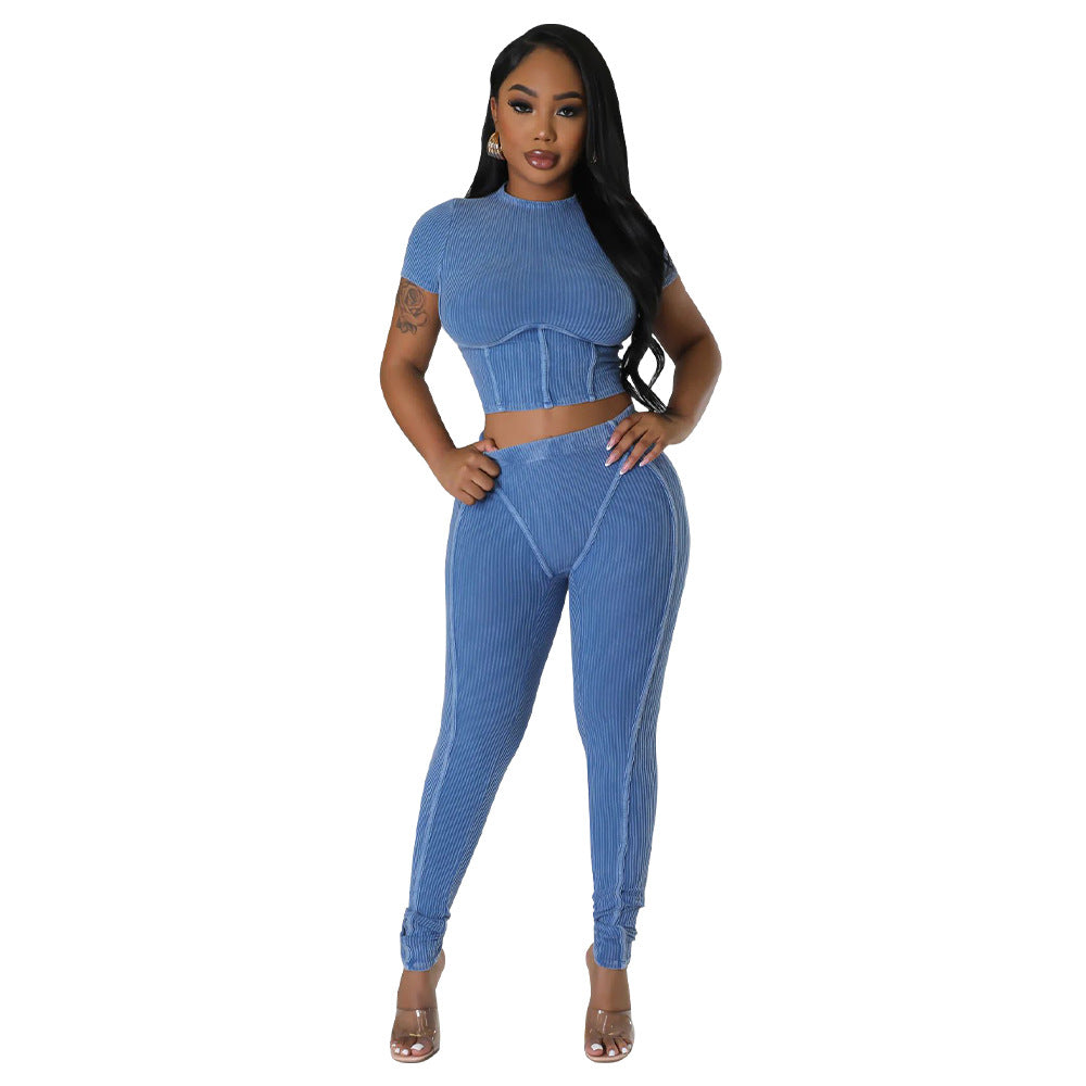 Pit stripe sports round neck tight and navel exposed set