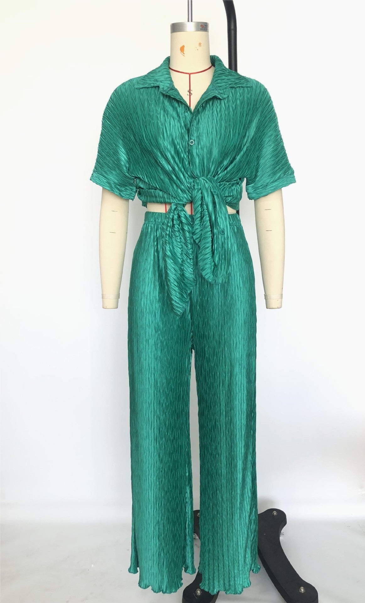 Tree Pattern Pleated Fabric Short Sleeved Shirt Wide Leg Pants Set