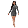 Long Sleeve Sheath Dress Sequined round Neck Slim Dress