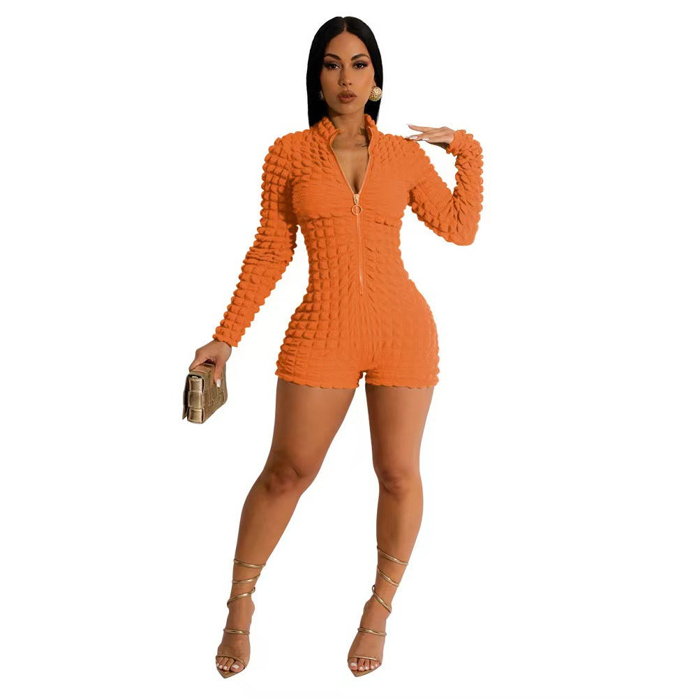 Bubble Zipper Slim Fit Solid Color Long Sleeve Jumpsuit