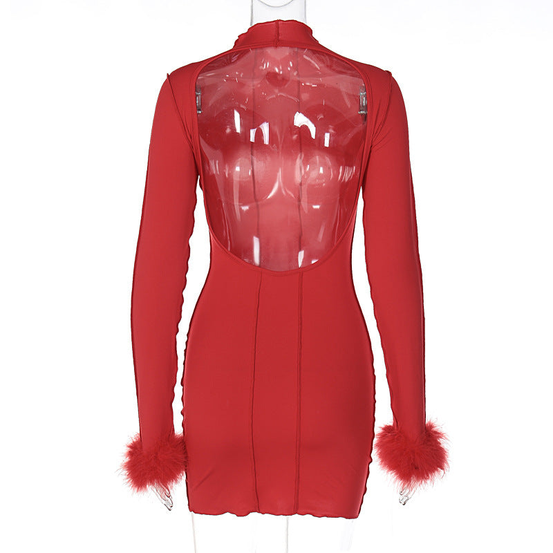 Fur Long Sleeve Backless Dress