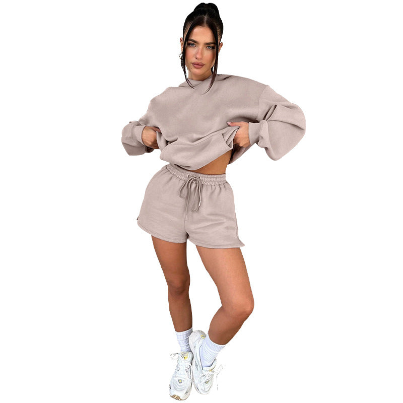 Solid Color Long Sleeved Shorts Hoodie Two-piece Set