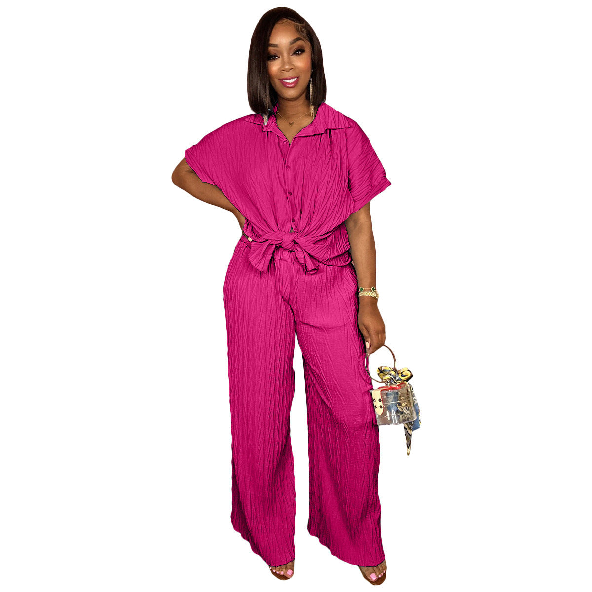 Tree Pattern Pleated Fabric Short Sleeved Shirt Wide Leg Pants Set