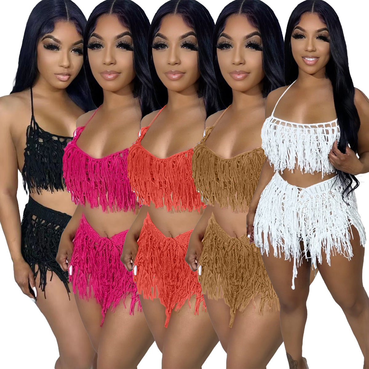 See-through Knitted Hand Crochet Tassel Beach Short Suit