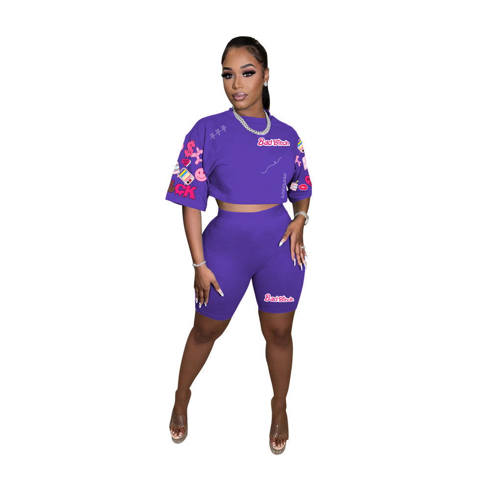 Printed Round Neck Short Sleeve Shorts