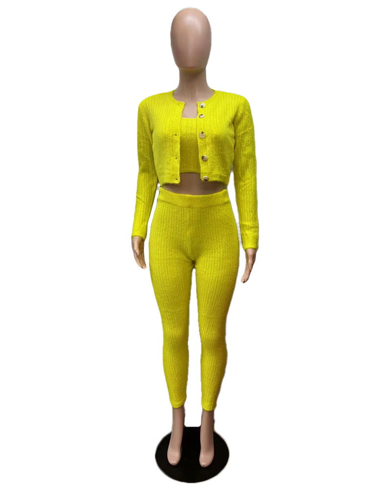 Solid Color Knitted Sweater Sexy Slim-Fit Cardigan 3PC Set