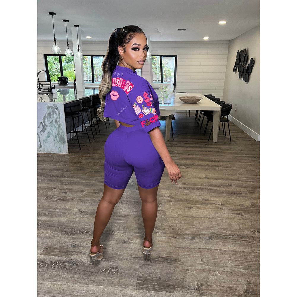 Printed Round Neck Short Sleeve Shorts