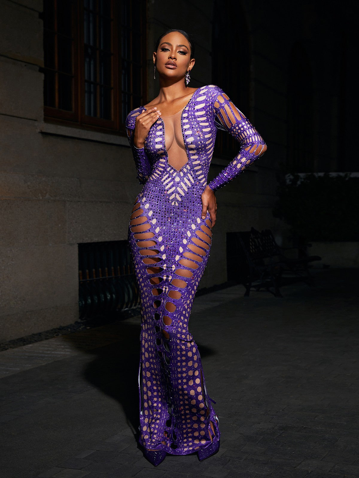 Ripped Skinny Sheath Dress Rhinestone Printed Dress