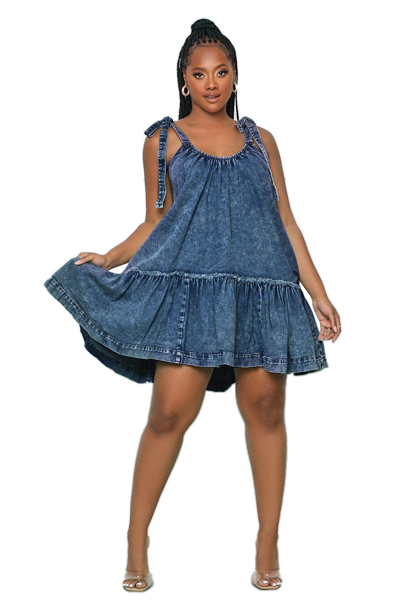 Solid Color U-Neck Denim Suspender Dress