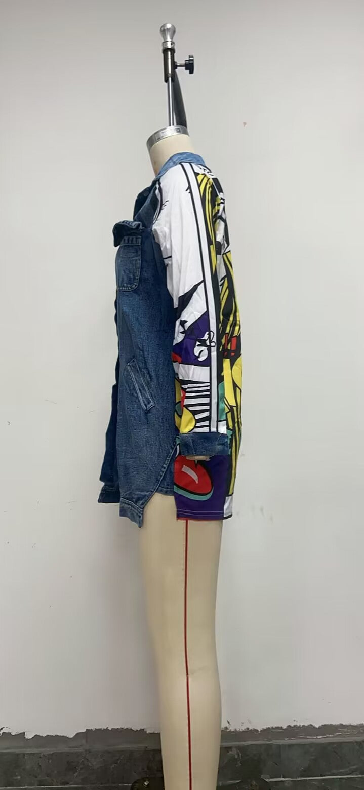 3D Digital Women's Printed Wear Long-Sleeved Denim Jacket
