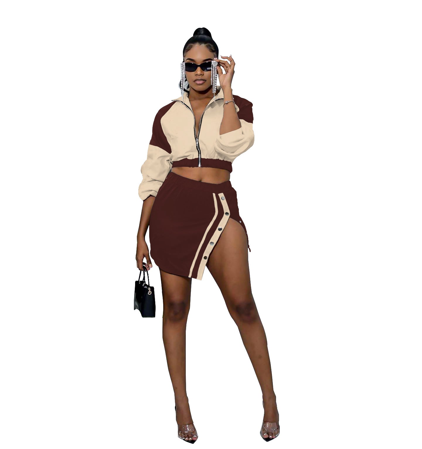 Split color-block long sleeve short skirt set stretch two-piece