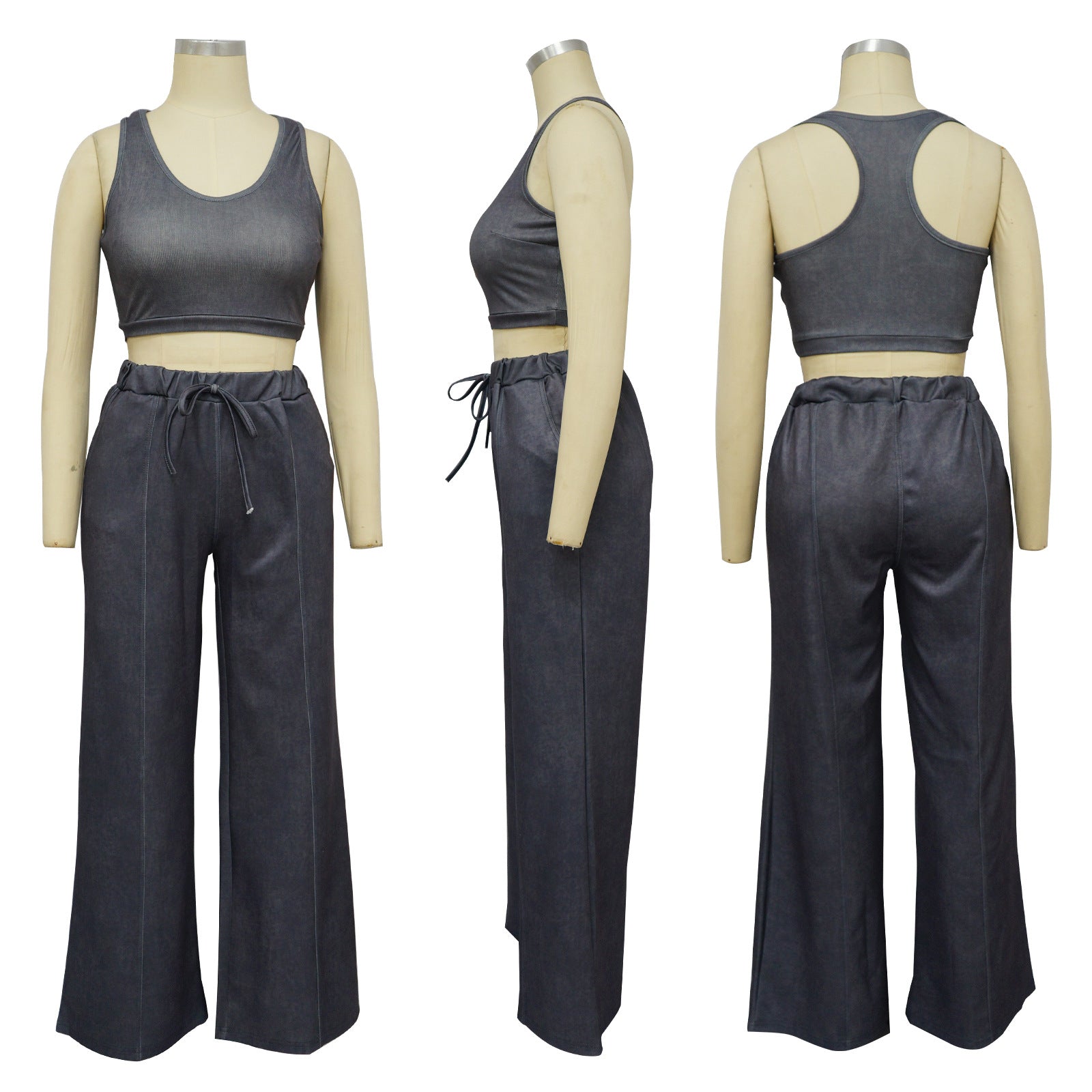 Sleeveless Open Waist Jacket Elastic Waist Wide-leg Pants Suit