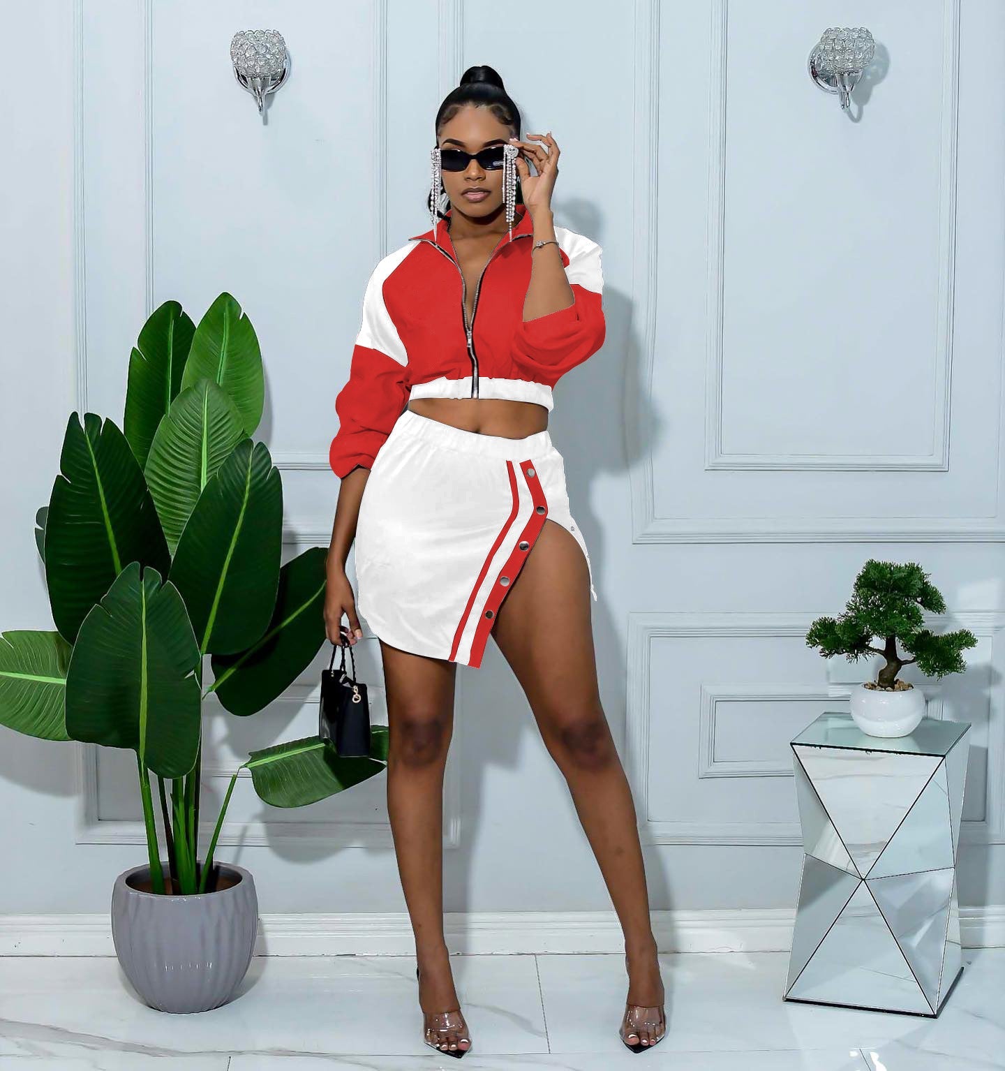 Split color-block long sleeve short skirt set stretch two-piece
