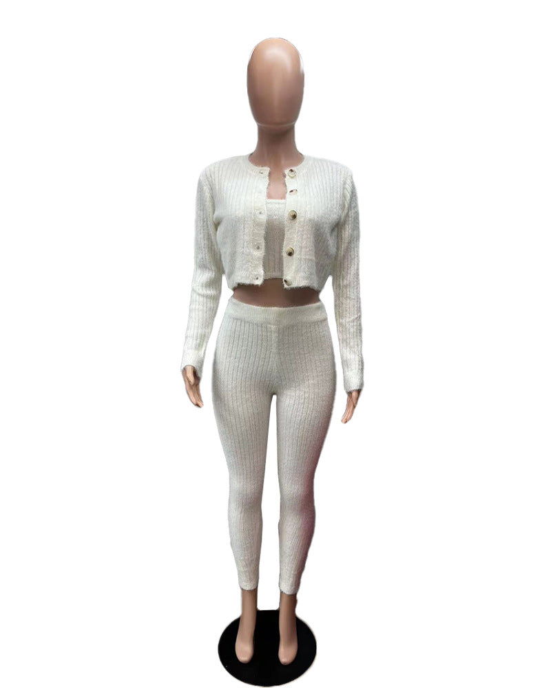 Solid Color Knitted Sweater Sexy Slim-Fit Cardigan 3PC Set