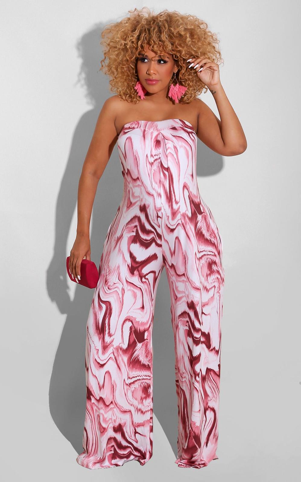 Bandeau Marble-print One-piece Wide-leg Trousers Loose Fit