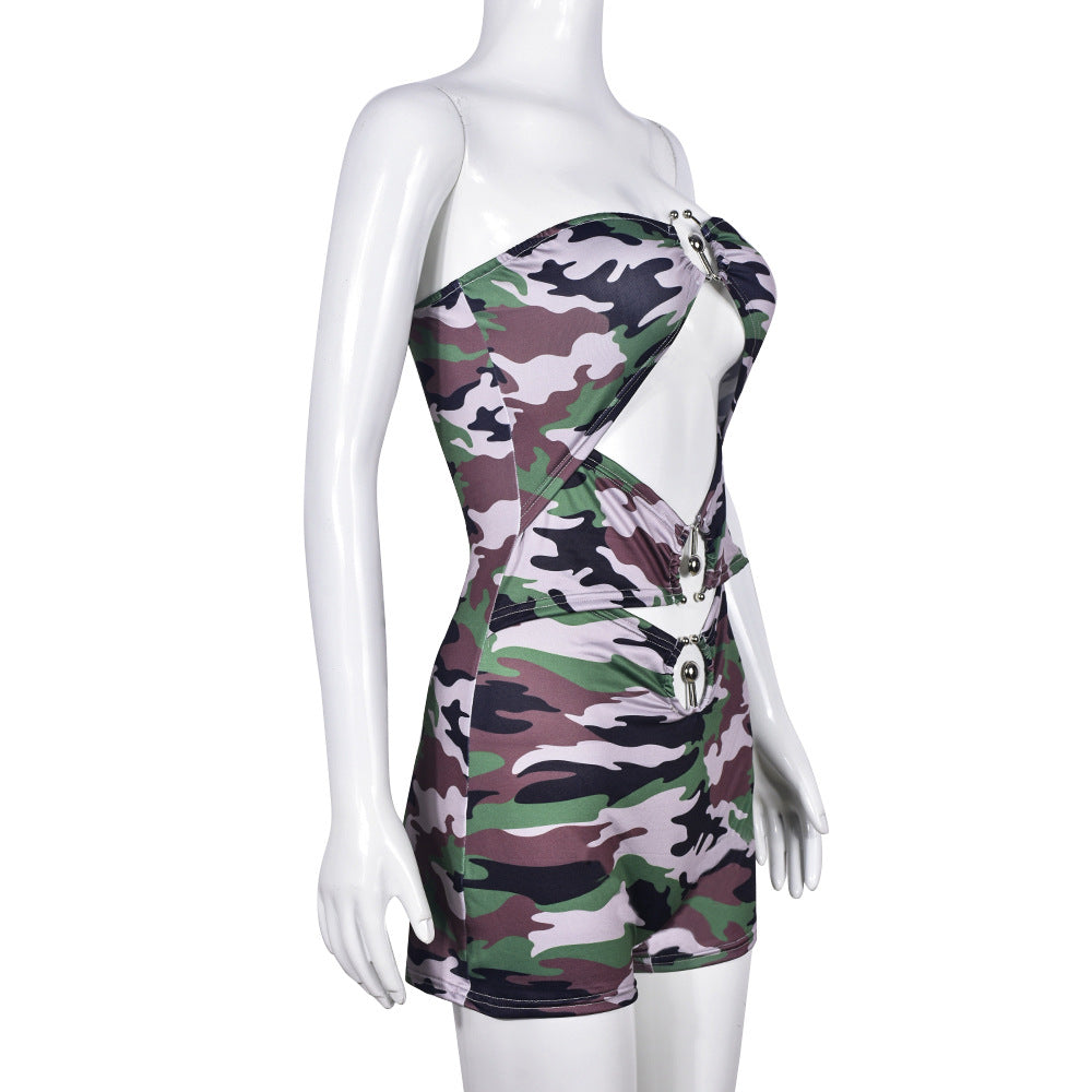 Openwork Print Camouflage Jumpsuit