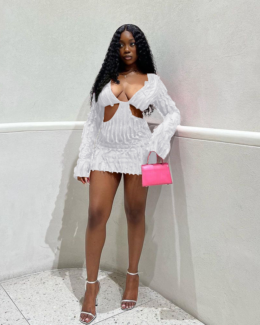 Long Sleeve Mesh Wave Pattern Sexy Short Dress