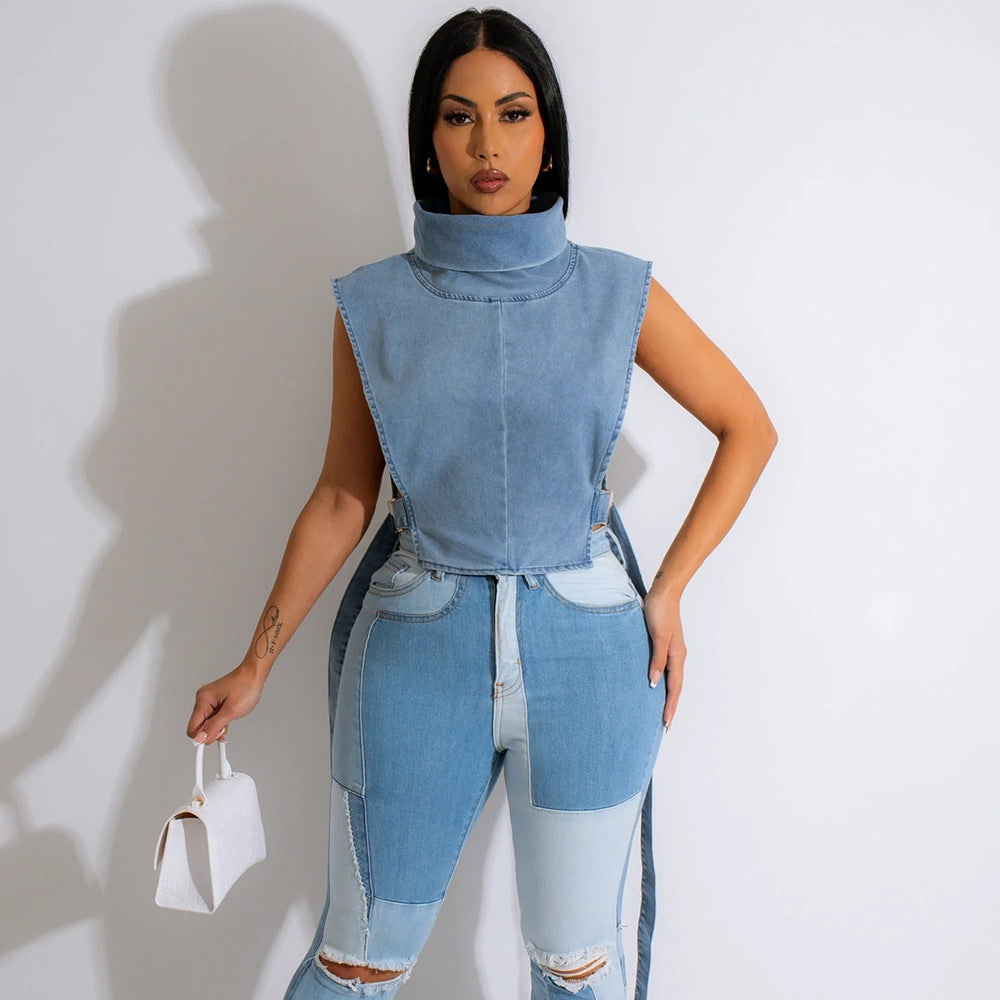 Lace-up Turtleneck Washed Sleeveless Denim Short Vest