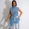 Lace-up Turtleneck Washed Sleeveless Denim Short Vest