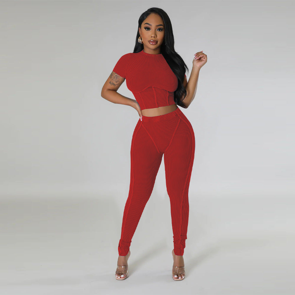 Pit stripe sports round neck tight and navel exposed set