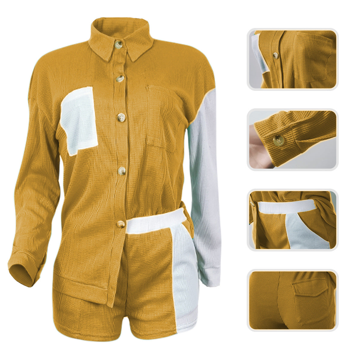 Waffle Cardigan Button Pants Pocket 2PCS Set