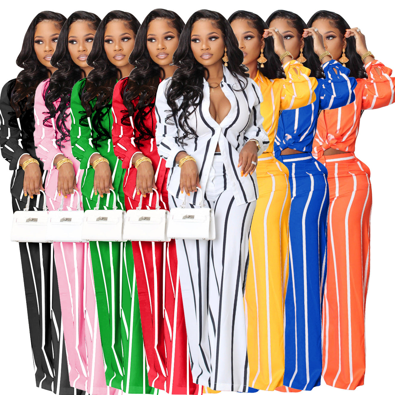Printed Striped Shirt Outfit Two-Piece 2PC Set