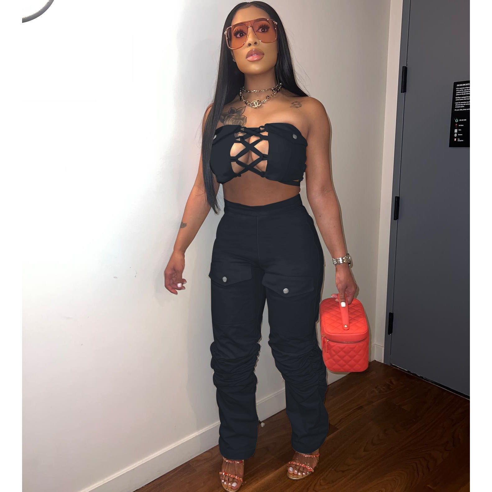 Sleeveless Lace-up Chest Wrap Vest Pants 2PC Set