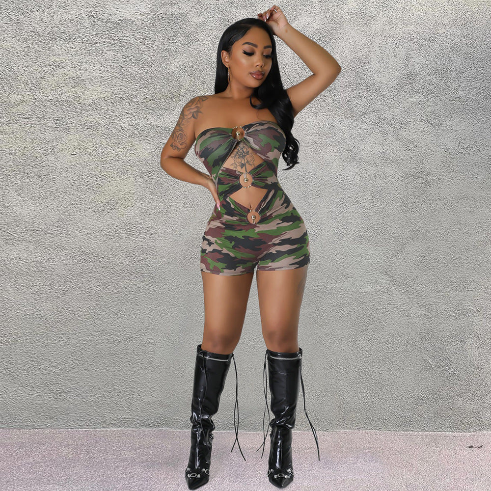 Openwork Print Camouflage Jumpsuit