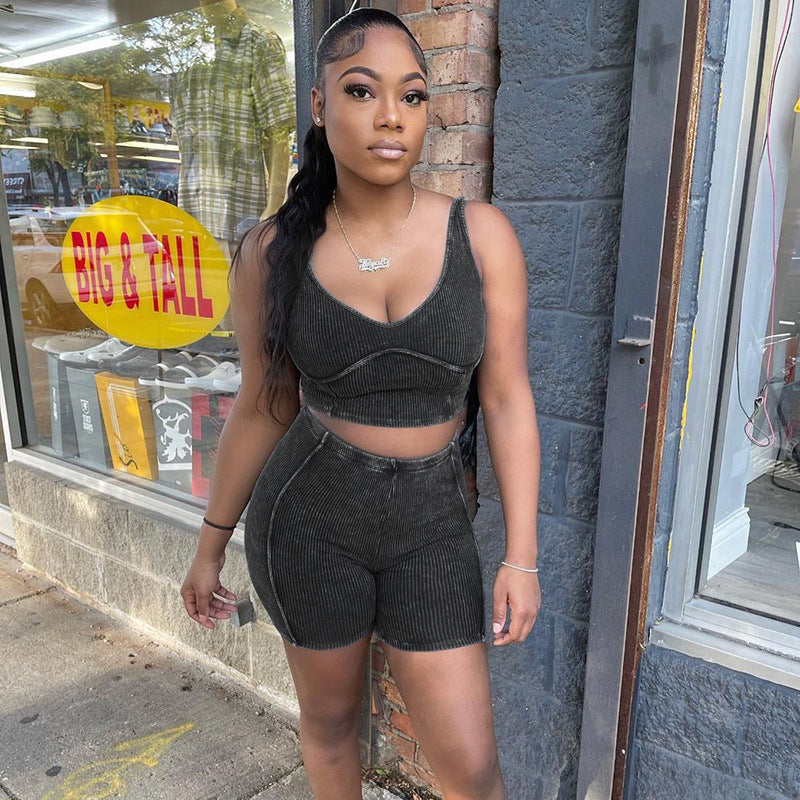 Camisole High Waist Hip Lift Shorts Casual Sports 2PC
